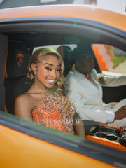 Newest Long Orange Strapless Sleeveless Mermaid Prom Dress with Sequins and Veil