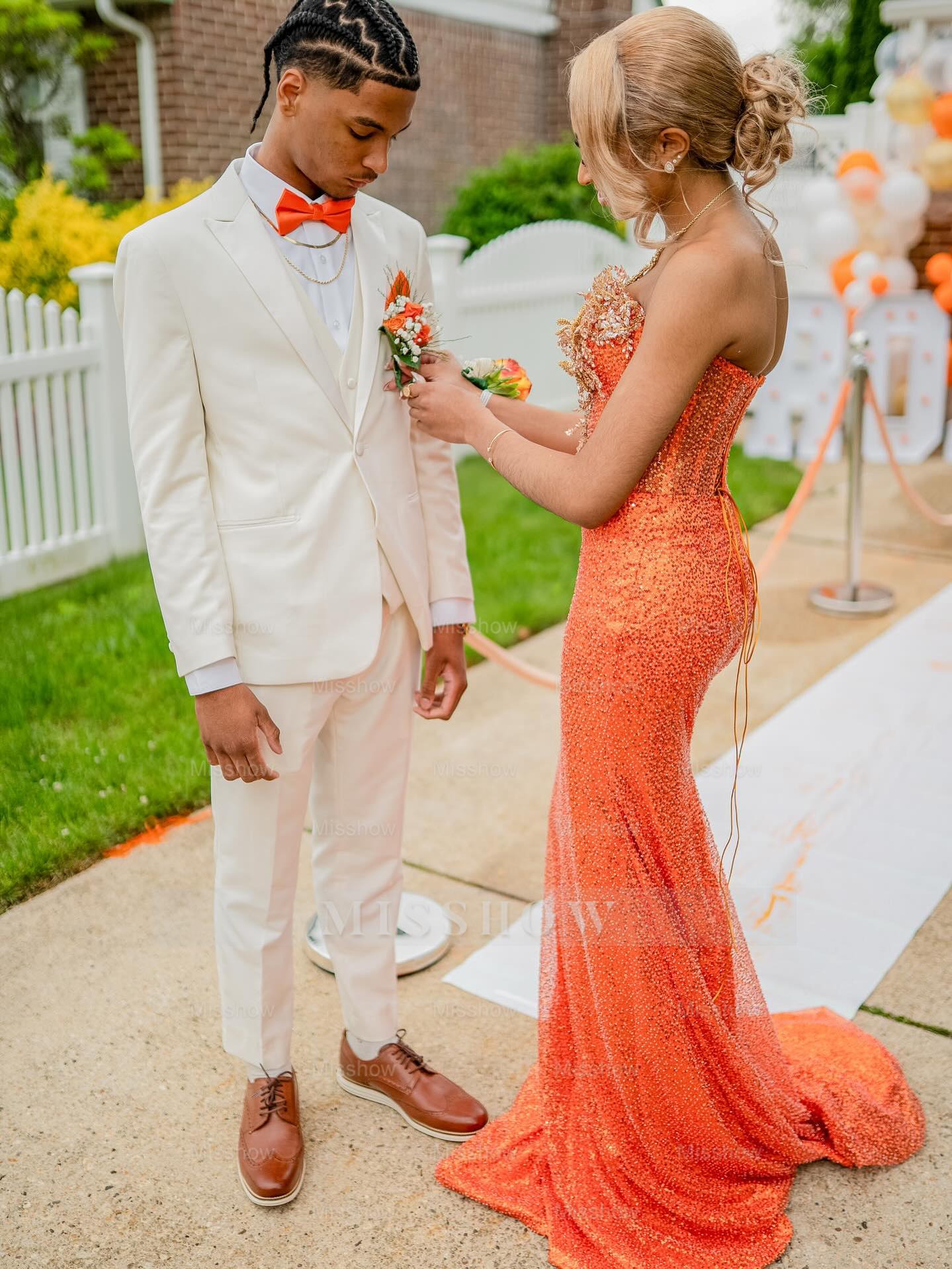 Newest Long Orange Strapless Sleeveless Mermaid Prom Dress with Sequins and Veil