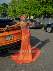 Newest Long Orange Strapless Sleeveless Mermaid Prom Dress with Sequins and Veil