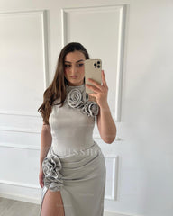 Newest Sliver High-Neck Sleeveless Mermaid Formal Dress with Front Split and Flowers