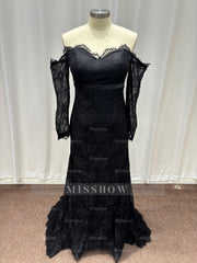 Noble Black Sweetheart Long-Sleeve Mermaid Lace Formal Dresses with Chapel Train