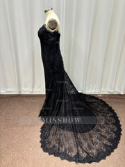 Noble Black Sweetheart Long-Sleeve Mermaid Lace Formal Dresses with Chapel Train