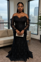 Noble Black Sweetheart Long-Sleeve Mermaid Lace Formal Dresses with Chapel Train