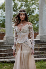 Noble Champagne Long-Sleeve Criss-Cross Straps Mermaid Prom Dress with 3D Flowers