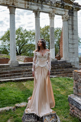 Noble Champagne Long-Sleeve Criss-Cross Straps Mermaid Prom Dress with 3D Flowers