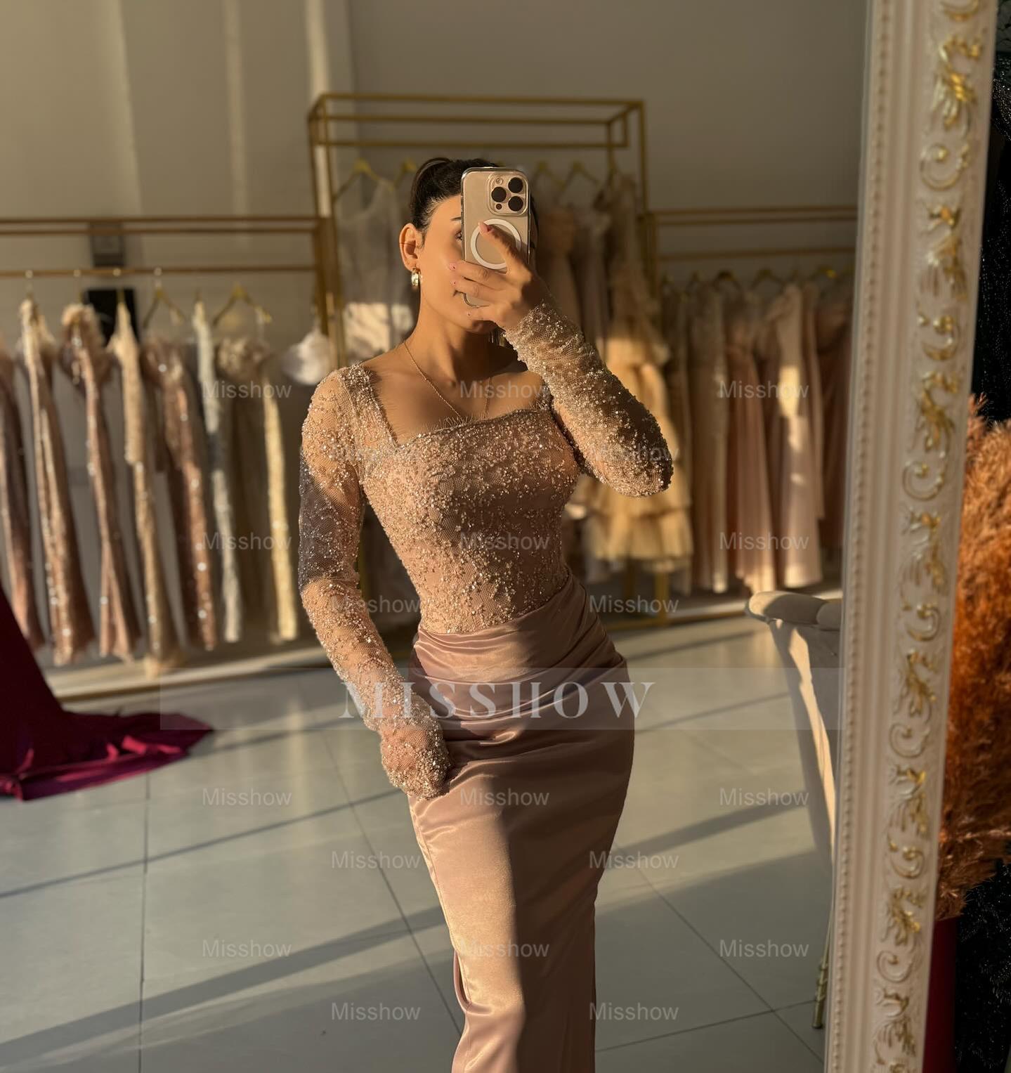 Noble Dusty Rose Square Long-Sleeve Mermaid Formal Dress with Beadings