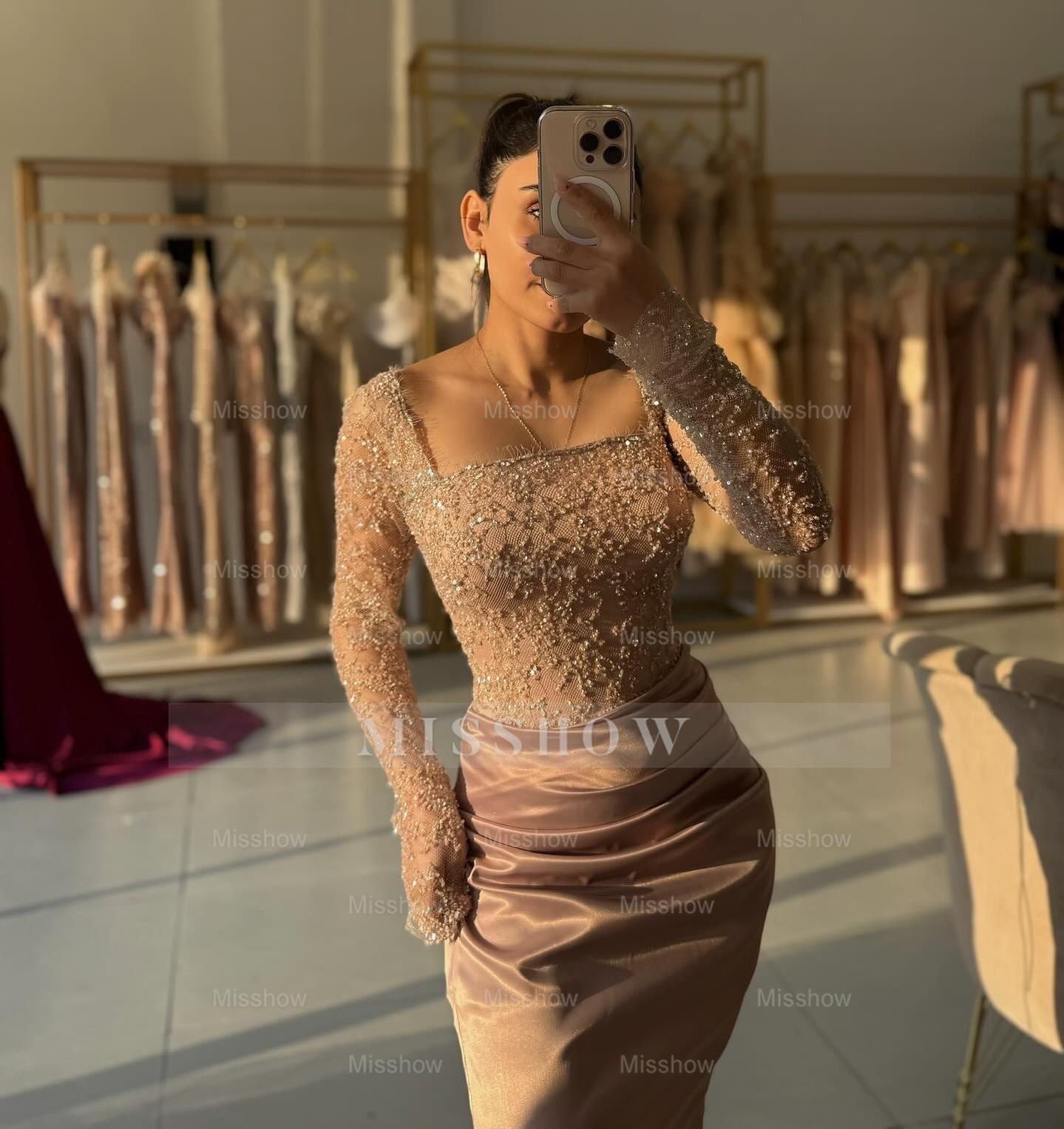 Noble Dusty Rose Square Long-Sleeve Mermaid Formal Dress with Beadings