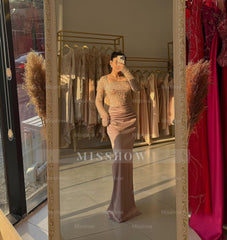 Noble Dusty Rose Square Long-Sleeve Mermaid Formal Dress with Beadings