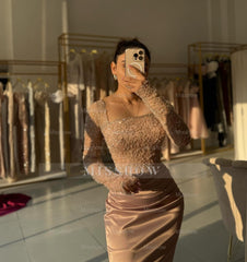 Noble Dusty Rose Square Long-Sleeve Mermaid Formal Dress with Beadings