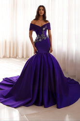 Noble Purple Off-The-Shoulder Mermaid Prom Dress with Chapel Train