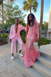 Noticeable Long Pink Beaded Sweetheart Sleeveless Mermaid Prom Dress with Rhinestones and Veil