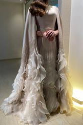Nude Elegant Scoop Cape Sleeves Mermaid Satin Ruffled Floor Length Formal Evening Gown