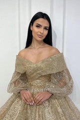 Obsessing Gold A-line Off-the-shoulder Sequined Prom Evening Dresses with Long Sleeves