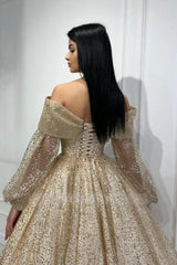 Obsessing Gold A-line Off-the-shoulder Sequined Prom Evening Dresses with Long Sleeves