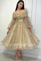 Obsessing Gold A-line Off-the-shoulder Sequined Prom Evening Dresses with Long Sleeves