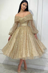 Obsessing Gold A-line Off-the-shoulder Sequined Prom Evening Dresses with Long Sleeves