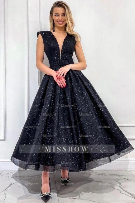 Obsessing Long Black A-line V-neck Sleeveless Sequined Prom Evening Dresses