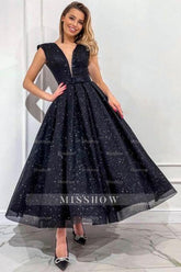 Obsessing Long Black A-line V-neck Sleeveless Sequined Prom Evening Dresses