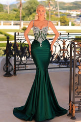 Obsessing Long Dark Green Mermaid Spaghetti Straps Satin Prom Evening Dresses with Rhinestones