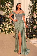 Obsessing Long Dusty Sage Spaghetti Straps Lace Beading Prom Evening Dresses with Slit