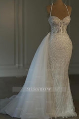 Obsessing Long Ivory Mermaid Halter Lace Beading Sleeveless Wedding Dress