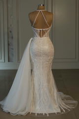 Obsessing Long Ivory Mermaid Halter Lace Beading Sleeveless Wedding Dress