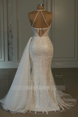 Obsessing Long Ivory Mermaid Halter Lace Beading Sleeveless Wedding Dress