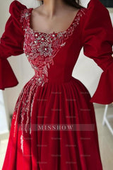 Obsessing Long Red A-line Square Neck Lace Prom Evening Dresses with Long Sleeves
