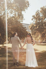 Obsessing Long White One Shoulder Sleeveless Beading Wedding Dress with Slit