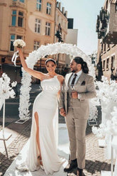 Obsessing Long White One Shoulder Sleeveless Beading Wedding Dress with Slit