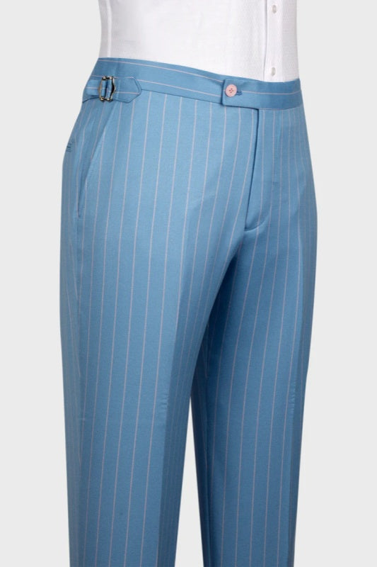 Ocean Blue Striped Peaked Lapel Three-Piece Men's Business Suit