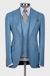 Ocean Blue Striped Peaked Lapel Three-Piece Men's Business Suit