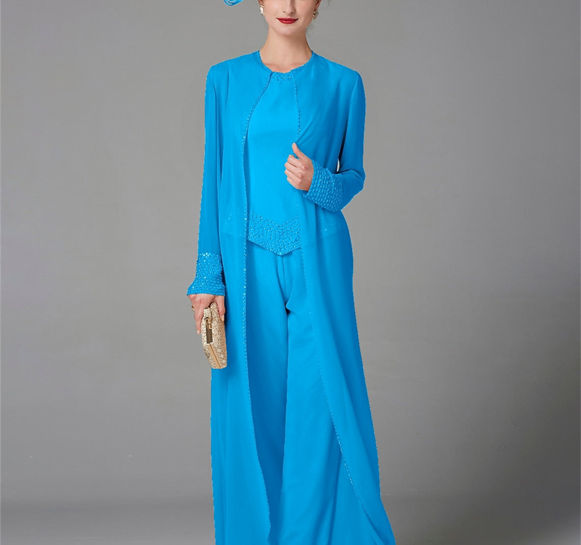 Chiffon Long Sleeves Mother Of The Bride Pantsuits With Jacket Sequins