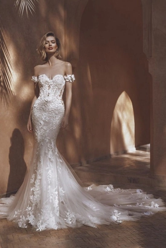 Off-Shoulder 3D Floral Cluster Puff Sleeves Illusion Visible Boning Lace-Up Corset All-Over 3D Lace Leaf Appliqué Fitted Mermaid Wedding Dress Cathedral Train