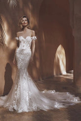 Off-Shoulder 3D Floral Cluster Puff Sleeves Illusion Visible Boning Lace-Up Corset All-Over 3D Lace Leaf Appliqué Fitted Mermaid Wedding Dress Cathedral Train
