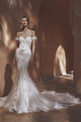 Off-Shoulder 3D Floral Cluster Puff Sleeves Illusion Visible Boning Lace-Up Corset All-Over 3D Lace Leaf Appliqué Fitted Mermaid Wedding Dress Cathedral Train