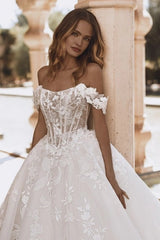 Off-Shoulder 3D Floral Strap Illusion Visible Boning Corset All-Over 3D Lace Floral Appliqué Princess Ball Gown Wedding Dress Cathedral Train