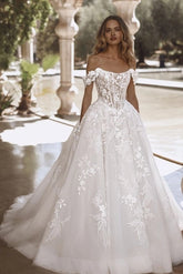 Off-Shoulder 3D Floral Strap Illusion Visible Boning Corset All-Over 3D Lace Floral Appliqué Princess Ball Gown Wedding Dress Cathedral Train