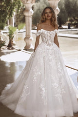 Off-Shoulder 3D Floral Strap Illusion Visible Boning Corset All-Over 3D Lace Floral Appliqué Princess Ball Gown Wedding Dress Cathedral Train