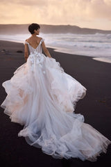Off-Shoulder Illusion 3D Butterfly Floral Appliqué Corset Multi-Layer Tiered Tulle Ball Gown Wedding Dress Cathedral Train