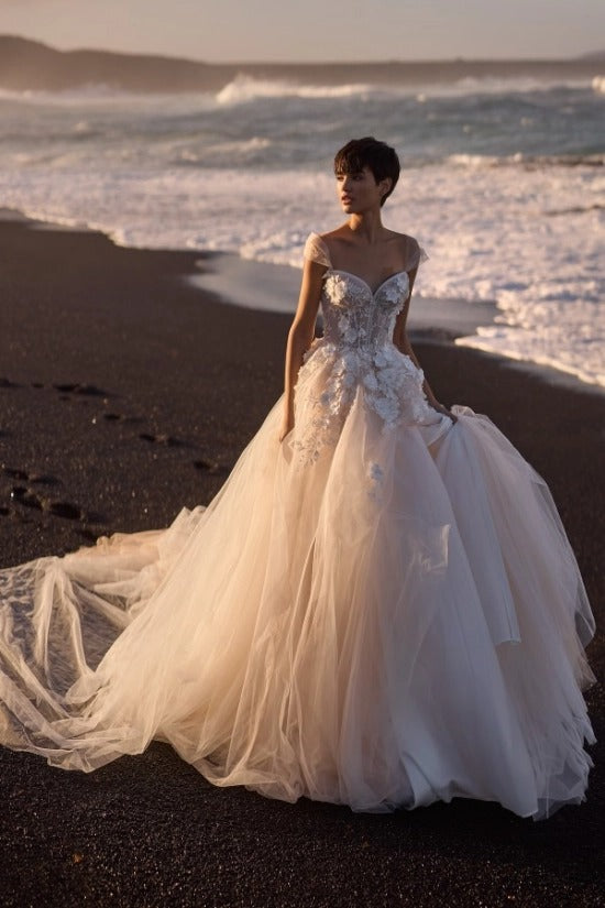 Off-Shoulder Illusion 3D Butterfly Floral Appliqué Corset Multi-Layer Tiered Tulle Ball Gown Wedding Dress Cathedral Train