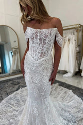 Off-Shoulder Illusion Lace Corset Pearl Chain Draping Mermaid Wedding Dress Cathedral Train Boho Couture