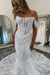Off-Shoulder Illusion Lace Corset Pearl Chain Draping Mermaid Wedding Dress Cathedral Train Boho Couture