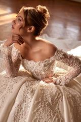 Off-Shoulder Long Sleeve 3D Floral Pearl Crystal Illusion Corset Heavy Satin Crystal Branch Embroidery Ball Gown Wedding Dress Cathedral Train