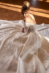 Off-Shoulder Long Sleeve 3D Floral Pearl Crystal Illusion Corset Heavy Satin Crystal Branch Embroidery Ball Gown Wedding Dress Cathedral Train