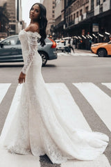 Off-Shoulder Long Sleeve Deep V Illusion Corset Sequin Lace Eyelash Trim Mermaid Wedding Dress Chapel Train