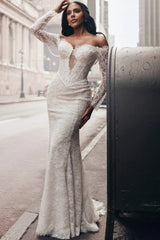 Off-Shoulder Long Sleeve Deep V Illusion Corset Sequin Lace Eyelash Trim Mermaid Wedding Dress Chapel Train