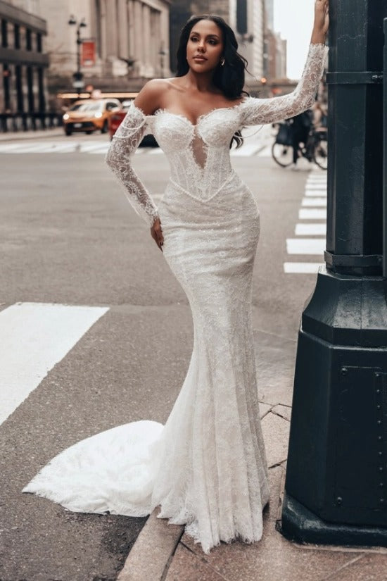 Off-Shoulder Long Sleeve Deep V Illusion Corset Sequin Lace Eyelash Trim Mermaid Wedding Dress Chapel Train