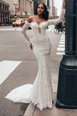Off-Shoulder Long Sleeve Deep V Illusion Corset Sequin Lace Eyelash Trim Mermaid Wedding Dress Chapel Train