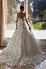 Off-Shoulder Long Sleeve Dense Crystal Sequin Embroidery Illusion Corset Glitter Tulle Ball Gown Wedding Dress Cathedral Train